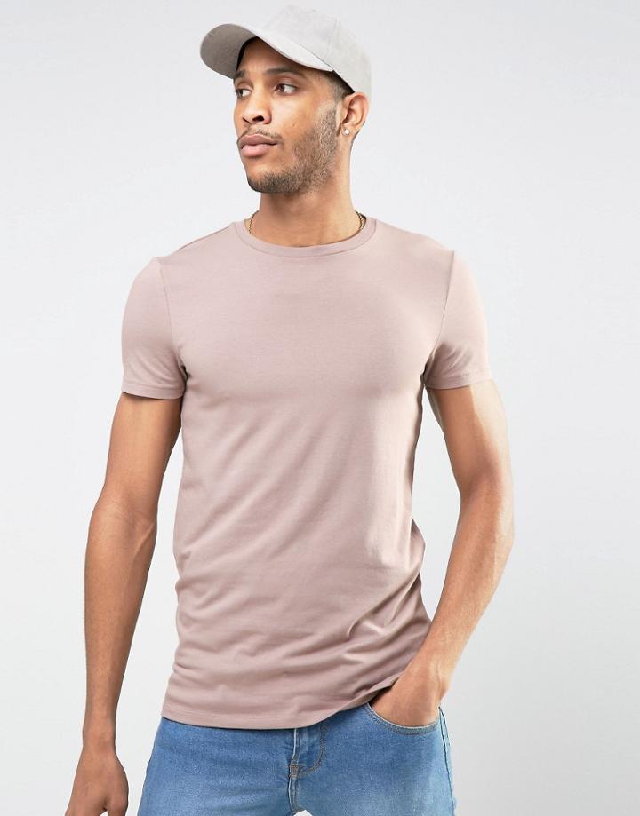 Asos Longline Muscle T-shirt With Crew Neck In Pink - Pink