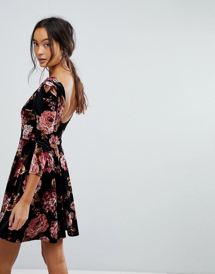 New Look Floral Velvet Scoop Back Skater Dress - Black