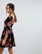 New Look Floral Velvet Scoop Back Skater Dress - Black