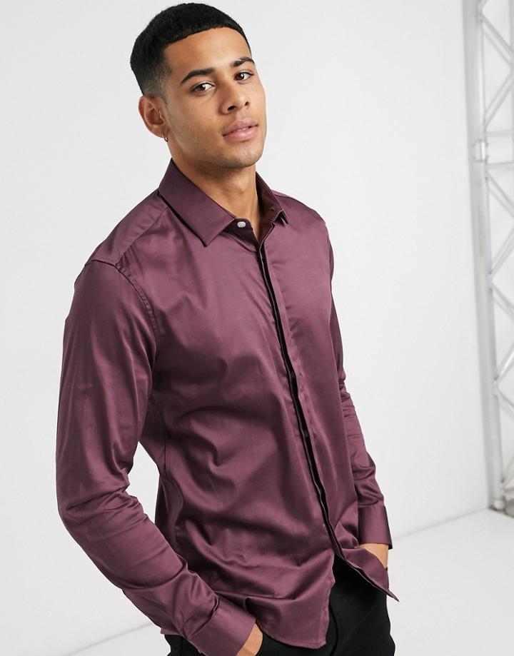 Asos Design Slim Fit Sateen Shirt In Berry-red