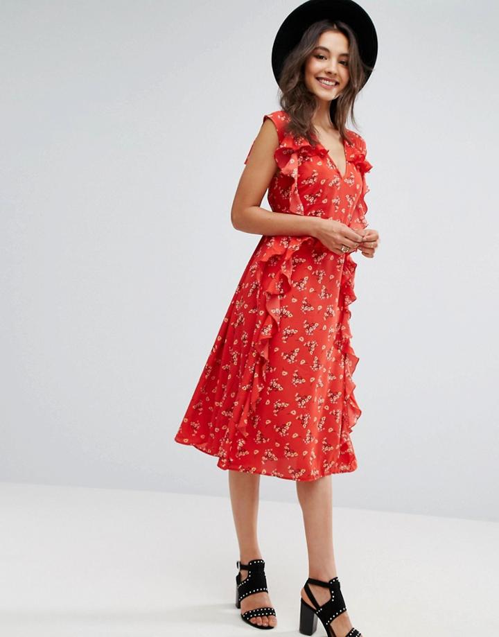 Asos Ruffle Midi Dress In Ditsy Print - Multi