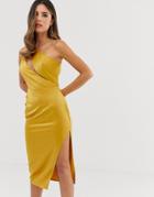 Asos Design Midi Dress In Satin With Spliced Bodice-gold