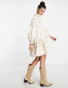 Sister Jane Dropped Hem Mini Smock Dress In Embroidered Bee Print-neutral
