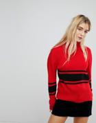 Daisy Street High Neck Knitted Sweater In Stripe - Red