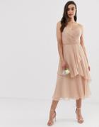 Asos Design Bridesmaid Bandeau Midi Dress With Soft Layered Skirt-pink