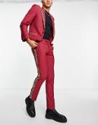 Twisted Tailor Suit Pants In Red With Leopard Print Side Stripe-black