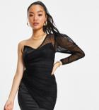 Asos Design Petite One Shoulder Textured Mesh Satin Mini Dress In Black-multi