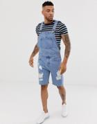 Asos Design Denim Overall Shorts In Light Wash With Heavy Rips - Blue