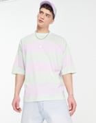 Asos Design Oversized Stripe T-shirt In Lilac & Green Color Block-purple