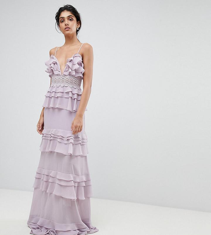 True Decadence Tall Premium Frill Layered Cami Maxi Dress With Lace Insert - Purple
