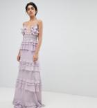 True Decadence Tall Premium Frill Layered Cami Maxi Dress With Lace Insert - Purple
