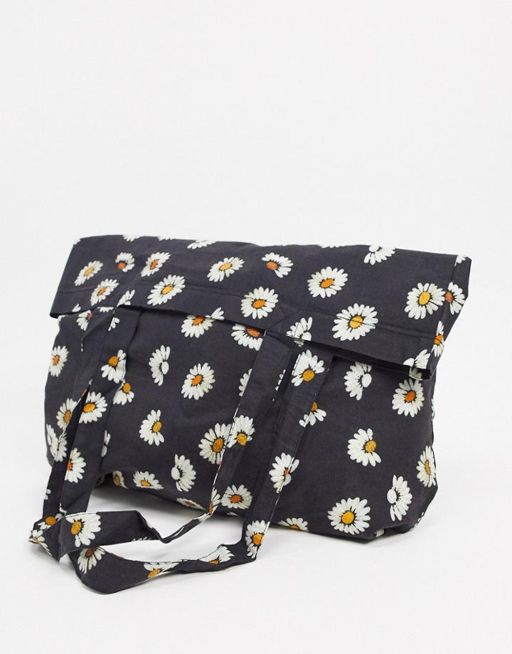 Asos Design Large Organic Cotton Shopper Bag In 90s Daisy Print-black