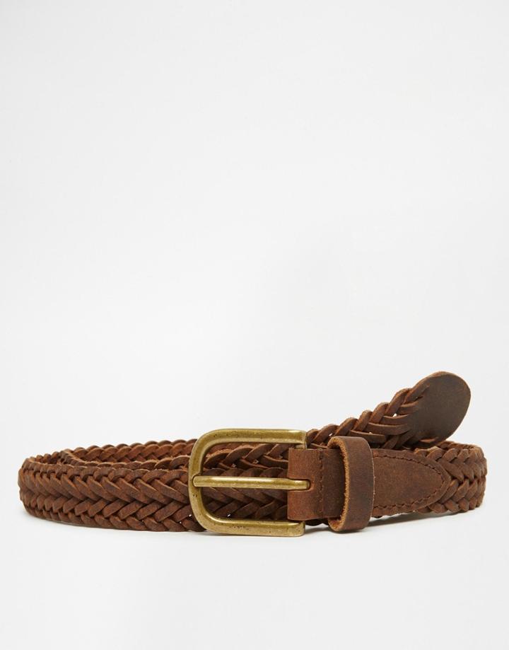 Asos Skinny Leather Plaited Belt In Brown - Brown