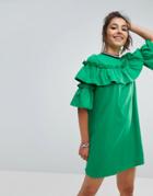 Asos Mini Tea Dress In Sweat With Frill And Sports Tipping - Green