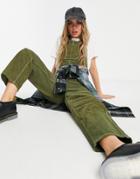Topshop Cord Patchwork Denim Overalls In Khaki-green