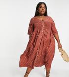 Asos Design Curve Shirred Button Through Midi Smock Dress In Rust Spot Print-multi