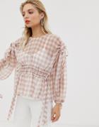 Asos White Gingham Ruched Waist Top - Pink