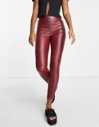 Parisian Faux Leather Pants With Exposed Zip In Wine-red