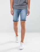 Asos Denim Shorts In Skinny Mid Wash Blue With Cut And Sew Detail - Blue
