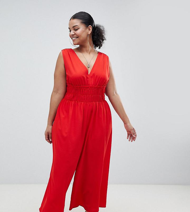 Asos Design Curve Ruched Waist Plunge Jumpsuit-red