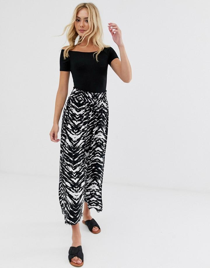 Asos Design Shirred Waist Culotte In Abstract Mono Animal Print - Multi