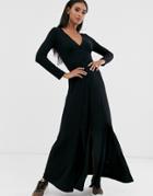 Asos Design Long Sleeve Button Through Maxi Tea Dress With Splits-black