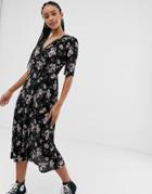 Asos Design Midi Plisse Dress In Daisy Print With Button Detail - Multi