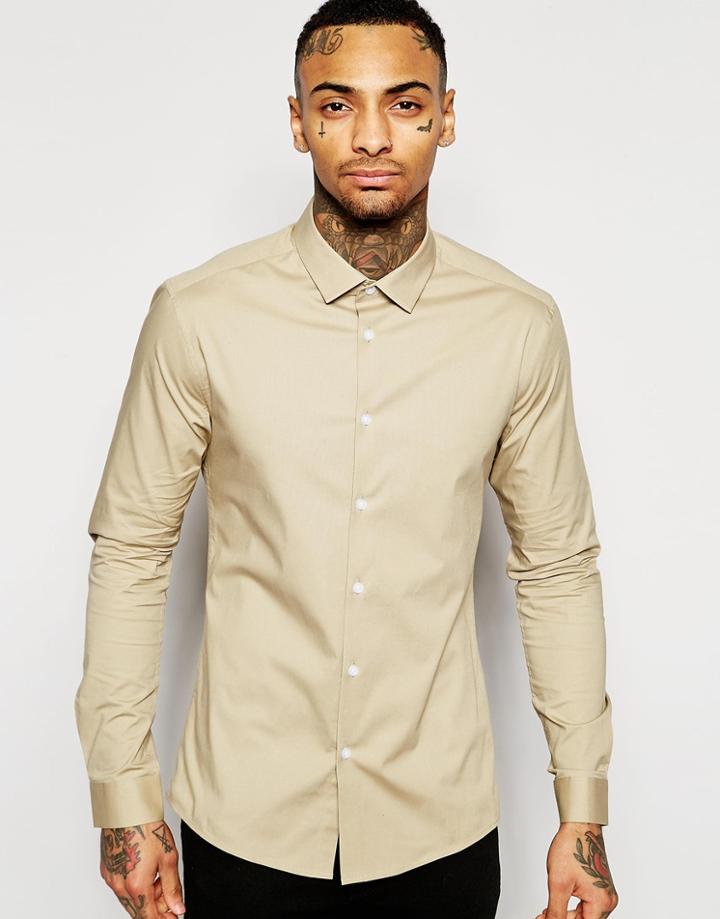 Asos Skinny Shirt In Stone With Long Sleeve - Stone