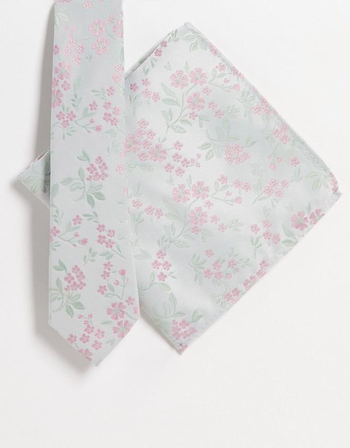Asos Design Slim Tie And Pocket Square With Ditsy Floral Design In Sage And Pink - Lgreen