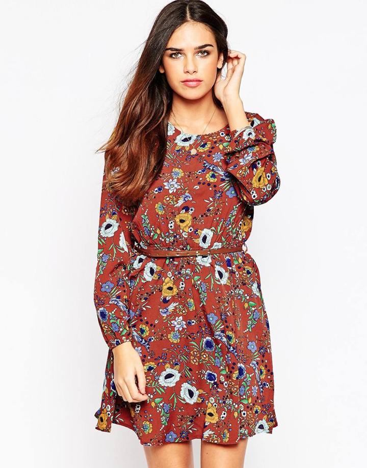 Iska Long Sleeve Skater Dress In Floral Print - Rust