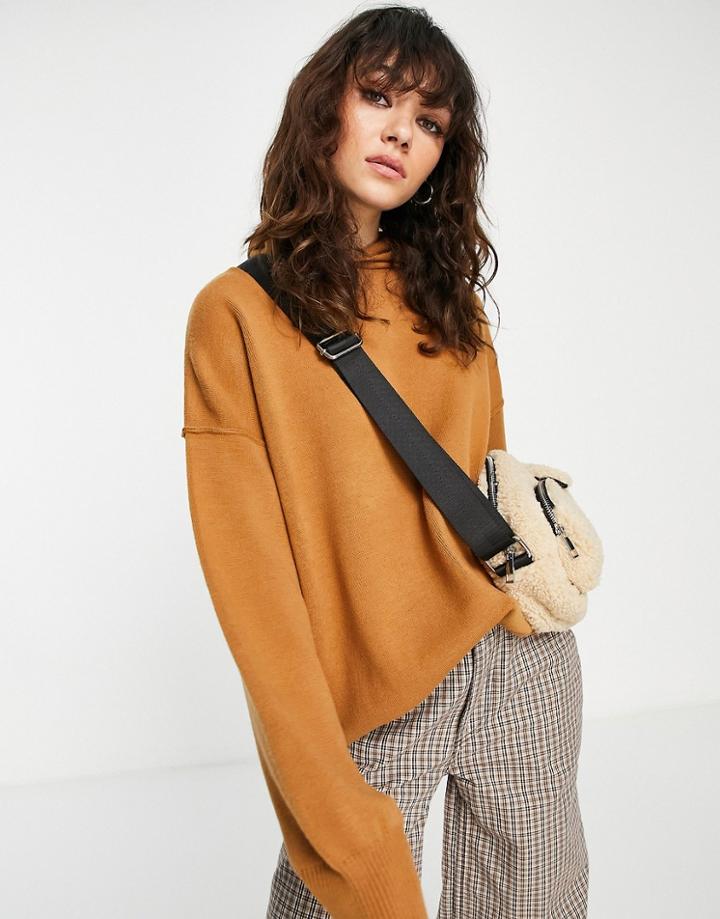 Topshop Knitted Clean Fine Gauge Hoodie In Camel-neutral