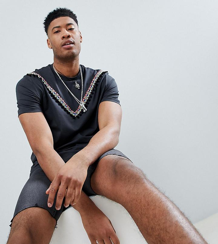 Asos Design Festival Tall Relaxed Longline T-shirt With Pom Pom Geo-tribal Chevron Taping In Black - Black