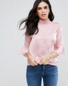 Ax Paris High Neck Long Sleeve Crinkle Effect Top - Pink