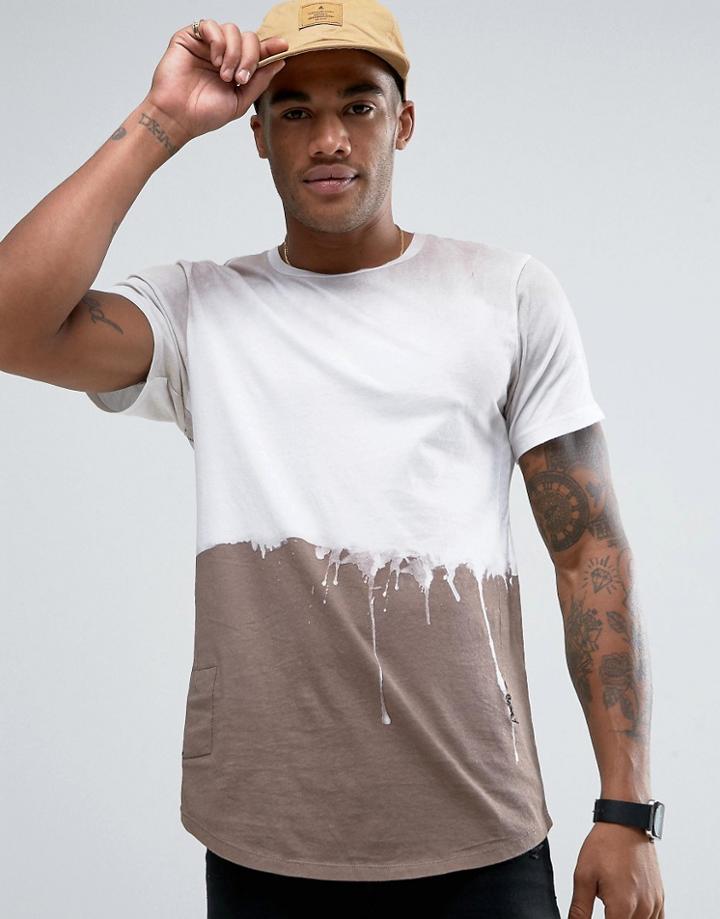 Religion Longline T-shirt With Washed Dripping Paint Detail - Beige