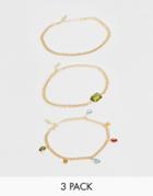 Asos Design Pack Of 3 Anklets With Colorful Jewel Drops In Gold Tone - Gold