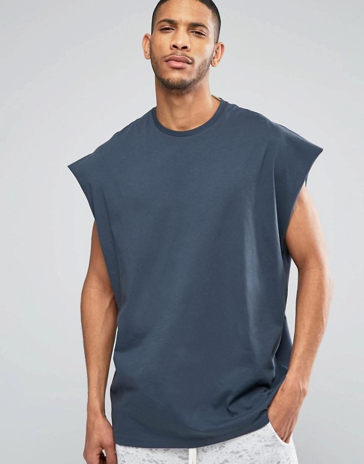 Asos Super Oversized Sleeveless T-shirt With Raw Edge In Blue - Cadet Blue