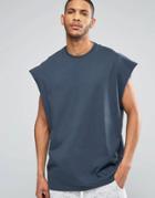 Asos Super Oversized Sleeveless T-shirt With Raw Edge In Blue - Cadet Blue