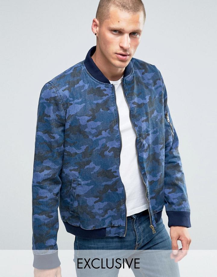 Liquor & Poker Denim Camo Bomber Jacket - Navy