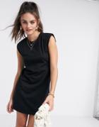 Stradivarius Padded Shoulder Dress In Black