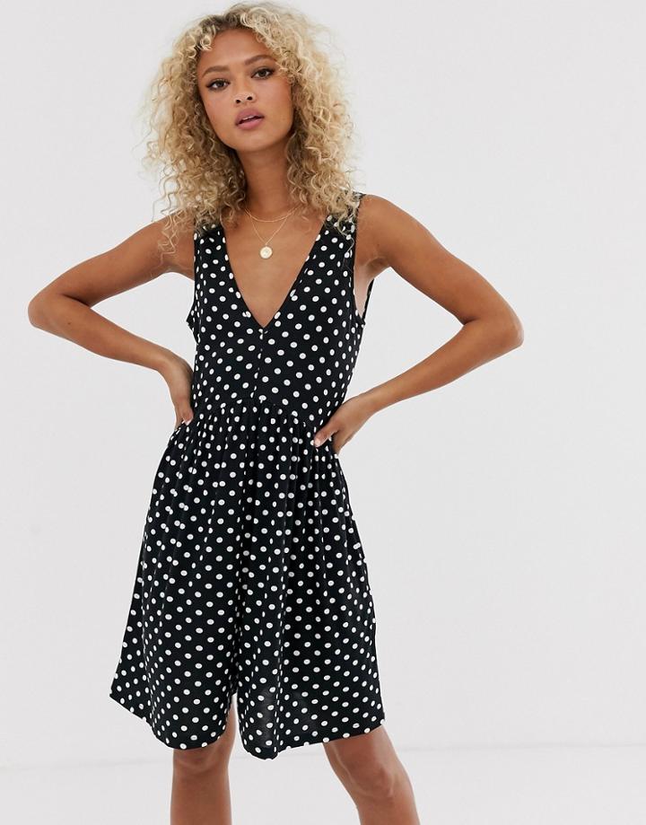 Asos Design Curved Smock Romper In Mono Polka Dot-multi