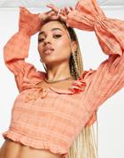 Asos Design Shirred Crop Top With Ruffle Detail And Volume Sleeve In Rust-orange