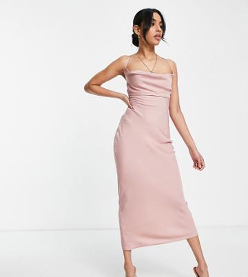 In The Style Petite Exclusive Satin Cowl Neck Midi Dress In Blush Pink