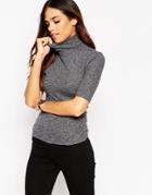 Asos Turtleneck Top In Textured Rib With Short Sleeve - Gray