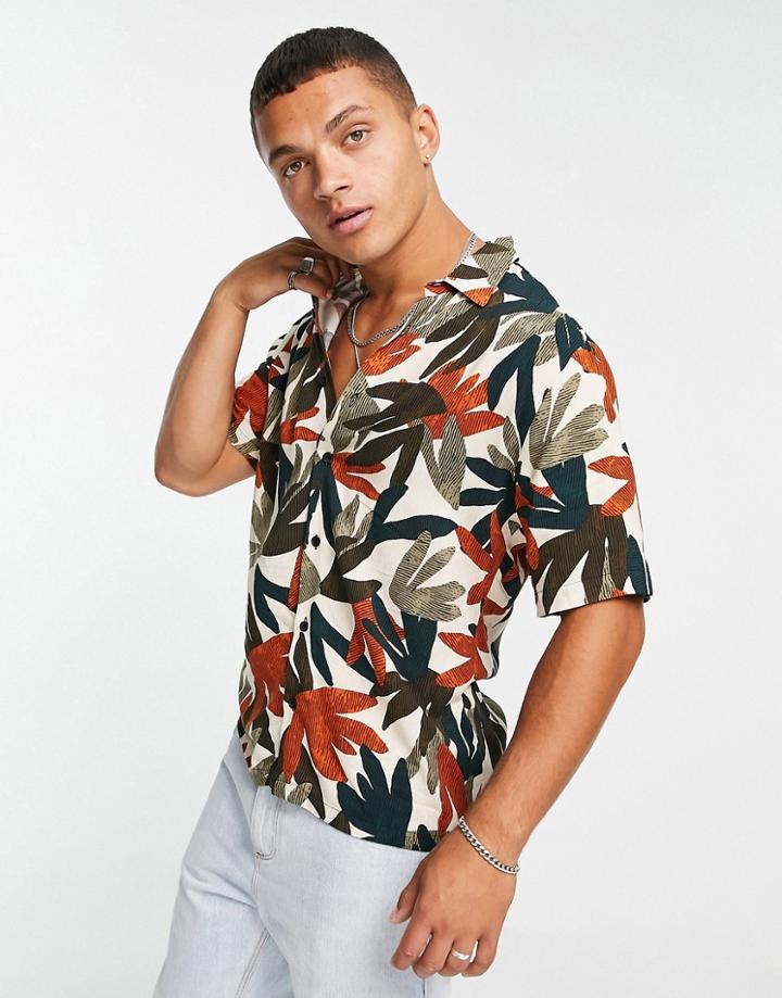 River Island Short Sleeve Leaf Print Shirt In Stone-neutral