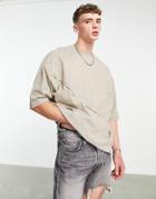 Asos Design Oversized T-shirt With Chevron Detail In Beige-neutral