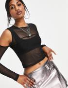 Asos Design Recycled Blend Mesh Crop Top With Cold Shoulder In Black