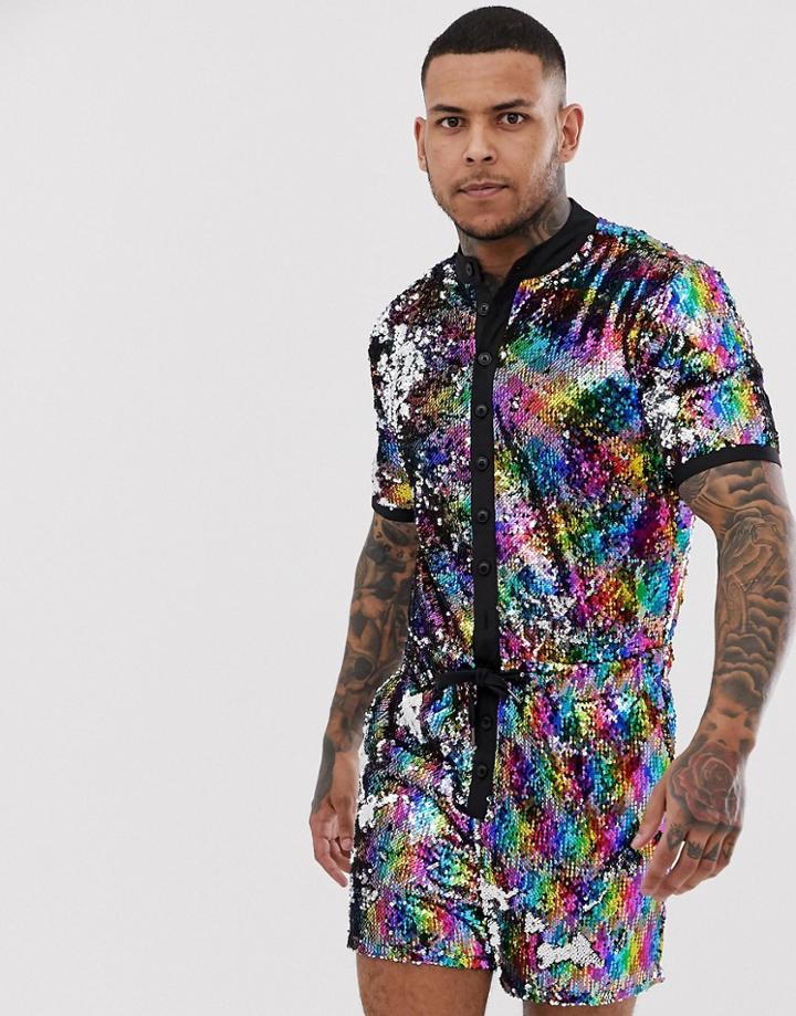 Asos Design Festival Slim Short Boilersuit In All Over Sequins - Red