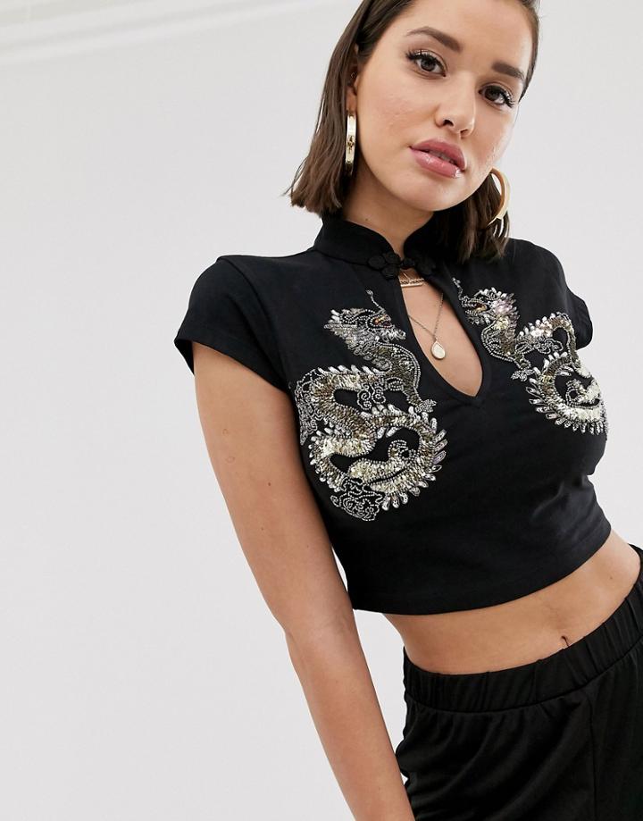 Asos Design Mandarin Collar Top With Dragon Embellishment-black