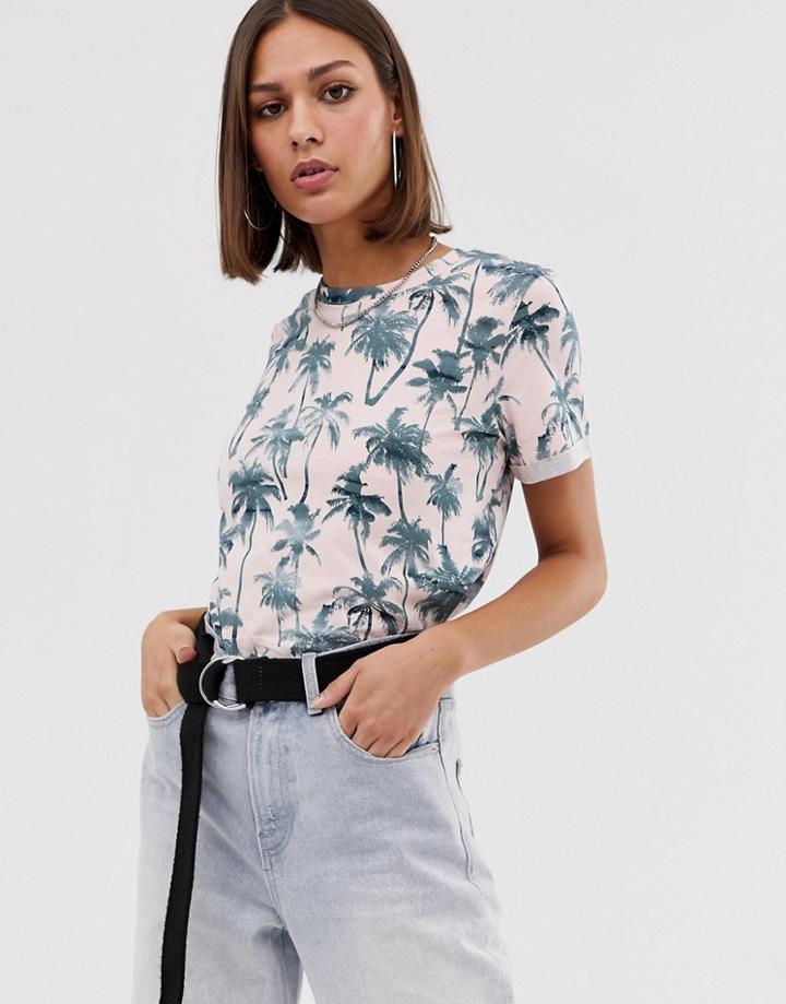 Bershka Palm Print Tee In Pink - Pink
