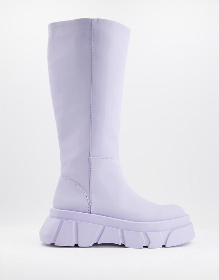 Pull & Bear Knee High Chunky Wellie Boots In Lilac-purple